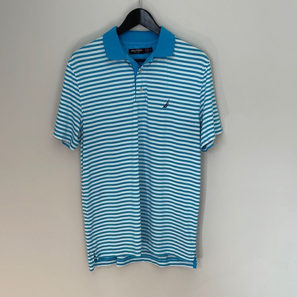 NAUTICA Men's Polo Golf Shirt Striped Short Sleeve Logo Stretch Size Small Aqua‎